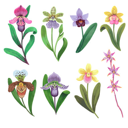 Vector collection of colorful psychedelic orchid flowers. Hand drawn elements isolated on white background. Orchid Illustration.の写真素材