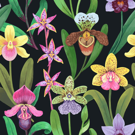 Vector seamless pattern with colorful psychedelic orchid flowers. Hand drawn detailed seamless print for textile and wallpaper.の写真素材