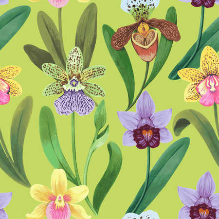 Vector seamless pattern with colorful psychedelic orchid flowers. Hand drawn detailed seamless print for textile and wallpaper.の写真素材