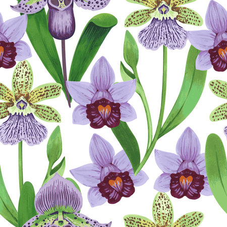 Vector seamless pattern with colorful psychedelic orchid flowers. Hand drawn detailed seamless print for textile and wallpaper.の写真素材