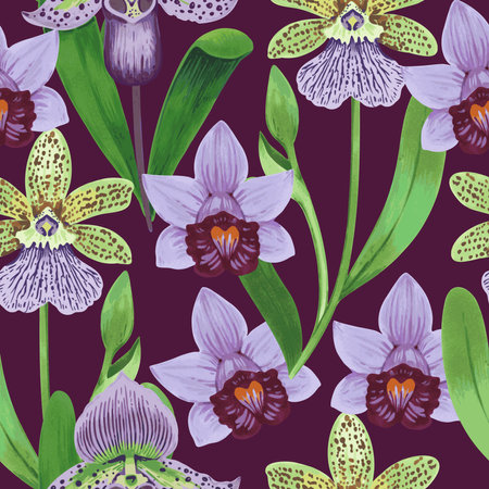 Vector seamless pattern with colorful psychedelic orchid flowers. Hand drawn detailed seamless print for textile and wallpaper.の写真素材