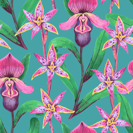 Vector seamless pattern with colorful psychedelic orchid flowers. Hand drawn detailed seamless print for textile and wallpaper.の写真素材