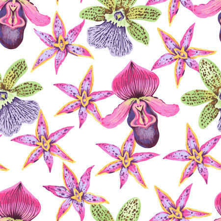 Vector seamless pattern with colorful psychedelic orchid flowers. Hand drawn detailed seamless print for textile and wallpaper.の写真素材