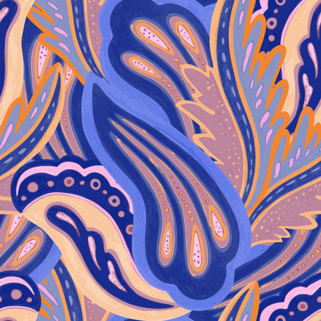 Psychedelic ornamental pattern. Hand drawn texture with floral and botanical ornate shapes and motifs for design and textile.のイラスト素材