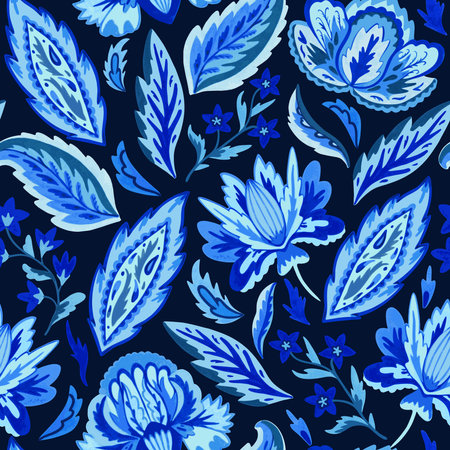 Blue paisley ornamental seamless pattern in indian style. Ornate floral motif. Vector illustrationのイラスト素材