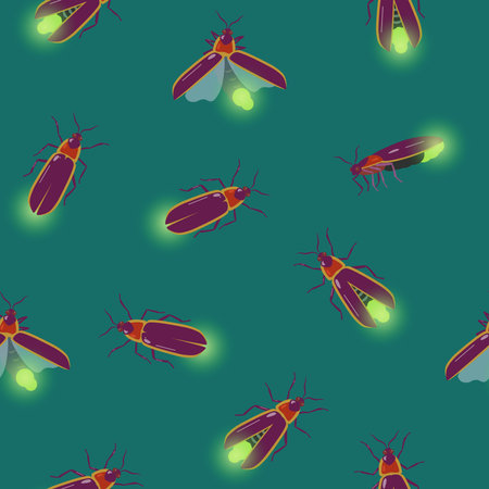 Seamless pattern with firefly insects flying with different angles. Vector texture for design and fabric.のイラスト素材