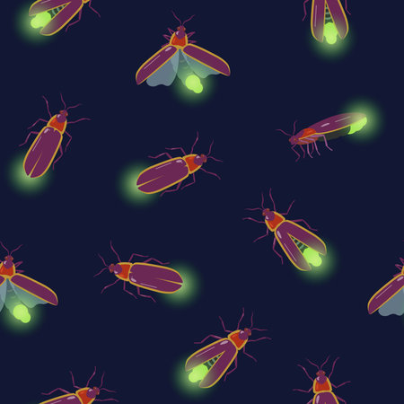 Seamless pattern with firefly insects flying with different angles. Vector texture for design and fabric.のイラスト素材