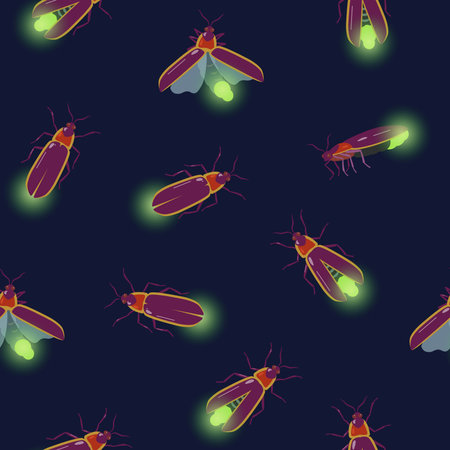Seamless pattern with firefly insects flying with different angles. Vector texture for design and fabric.のイラスト素材