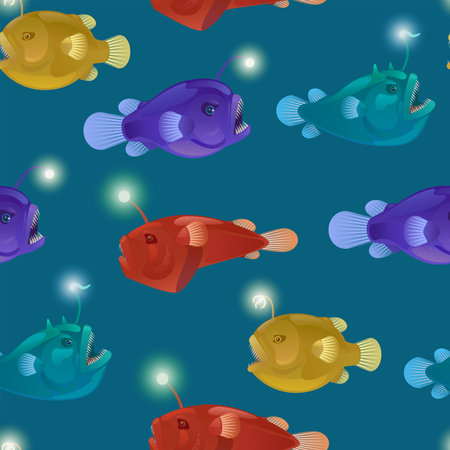Seamless pattern with angry toothy aggressive anglers with lanterns bait. Vector cartoon illustration of anglerfish. Deep sea fauna.のイラスト素材