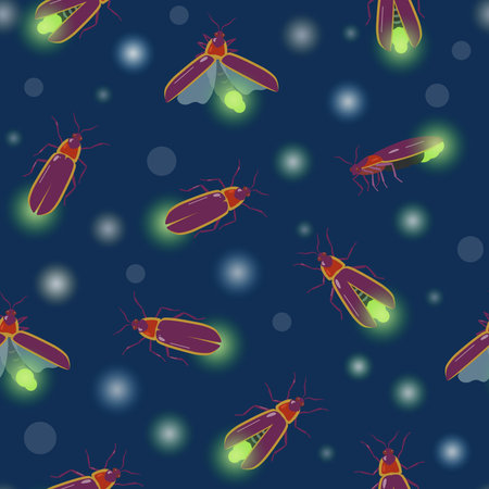Seamless pattern with firefly insects flying with different angles. Vector texture for design and fabric.のイラスト素材