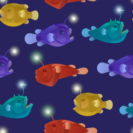 Seamless pattern with angry toothy aggressive anglers with lanterns bait. Vector cartoon illustration of anglerfish. Deep sea fauna.のイラスト素材