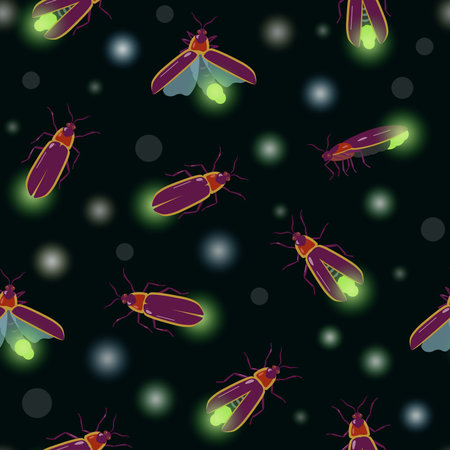 Seamless pattern with firefly insects flying with different angles. Vector texture for design and fabric.のイラスト素材