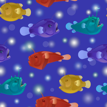 Seamless pattern with angry toothy aggressive anglers with lanterns bait. Vector cartoon illustration of anglerfish. Deep sea fauna.のイラスト素材