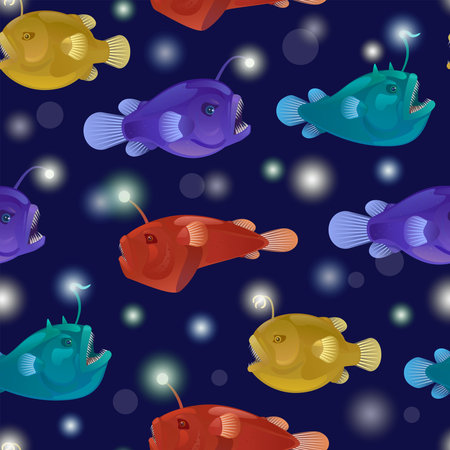 Seamless pattern with angry toothy aggressive anglers with lanterns bait. Vector cartoon illustration of anglerfish. Deep sea fauna.の写真素材