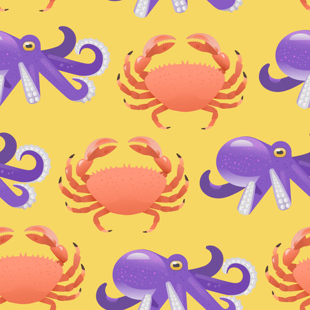 Vibrant cartoon seamless pattern with cute crabs and octopus. Vector illustration for design and decorのイラスト素材