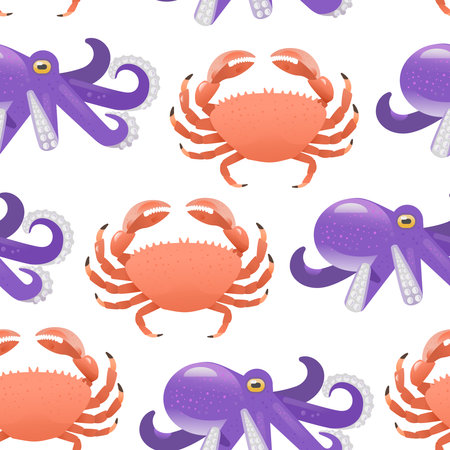 Vibrant cartoon seamless pattern with cute crabs and octopus. Vector illustration for design and decorのイラスト素材