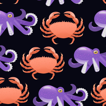 Vibrant cartoon seamless pattern with cute crabs and octopus. Vector illustration for design and decorのイラスト素材