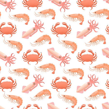 Seamless pattern with sea food, shrimps, squids and crabs. Cartoon vector illustration for designのイラスト素材