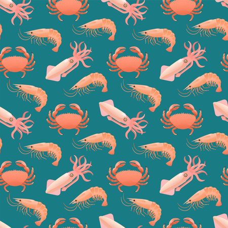 Seamless pattern with sea food, shrimps, squids and crabs. Cartoon vector illustration for designのイラスト素材