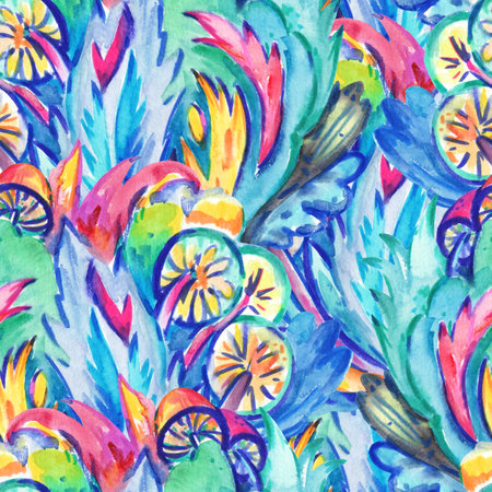 Psychedelic ornamental pattern. Watercolor hand drawn texture with floral and botanical ornate shapes and motifs for design and textile.の写真素材