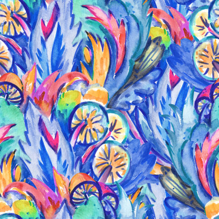 Psychedelic ornamental pattern. Watercolor hand drawn texture with floral and botanical ornate shapes and motifs for design and textile.の写真素材