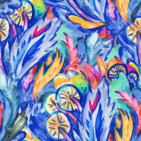 Psychedelic ornamental pattern. Watercolor hand drawn texture with floral and botanical ornate shapes and motifs for design and textile.の写真素材