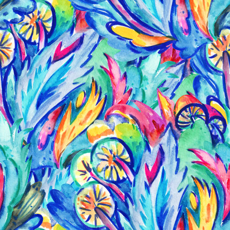 Psychedelic ornamental pattern. Watercolor hand drawn texture with floral and botanical ornate shapes and motifs for design and textile.の写真素材