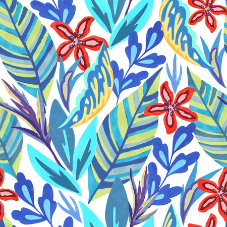 Colorful vivid psychedelic pattern with abstract tropical flowers for fabric, wrapping paper and design. Vector illustrationのイラスト素材