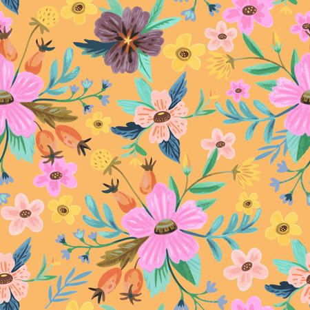 Seamless pattern with colorful doodle floral compositions and elements in watercolor style for decor, greeting cards. Vector illustrationのイラスト素材