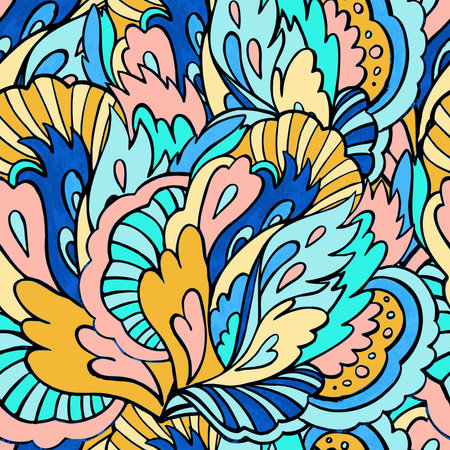 Psychedelic ornamental pattern. Watercolor hand drawn texture with floral and botanical ornate shapes and motifs for design and textile.のイラスト素材