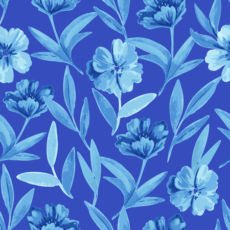 Seamless pattern with blue flowers and leaves in watercolor style for wedding invitations, greeting cards and fabric. Vector illustrationの写真素材