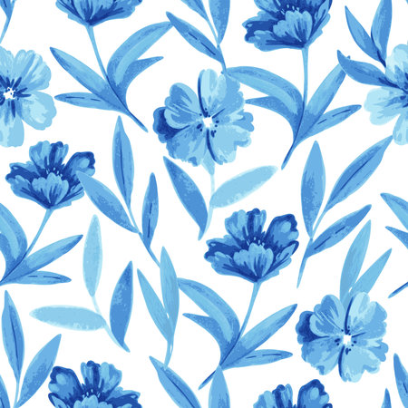 Seamless pattern with blue flowers and leaves in watercolor style for wedding invitations, greeting cards and fabric. Vector illustrationの写真素材