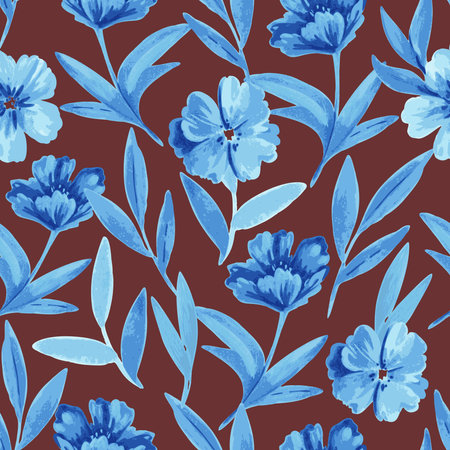 Seamless pattern with blue flowers and leaves in watercolor style for wedding invitations, greeting cards and fabric. Vector illustrationの写真素材