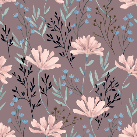 Decorative watercolor seamless pattern with pastel pink flowers. Hand-drawn print for fabric, wrapping paper and design.の写真素材