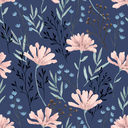 Decorative watercolor seamless pattern with pastel pink flowers. Hand-drawn print for fabric, wrapping paper and design.の写真素材