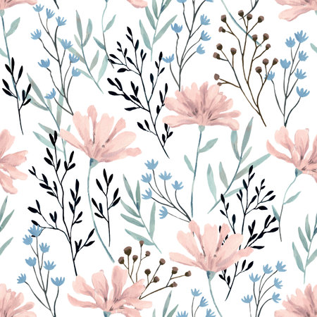 Decorative watercolor seamless pattern with pastel pink flowers. Hand-drawn print for fabric, wrapping paper and design.の写真素材