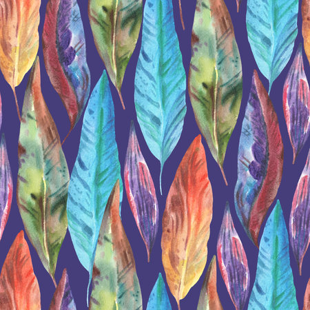 Colorful vivid watercolor seamless pattern with abstract tropical leaves, hand-drawn print for design and fabricの写真素材