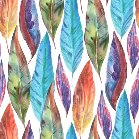 Colorful vivid watercolor seamless pattern with abstract tropical leaves, hand-drawn print for design and fabricの写真素材