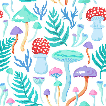 Seamless pattern with colorful fairy mushrooms. Vector hand-drawn illustrationのイラスト素材