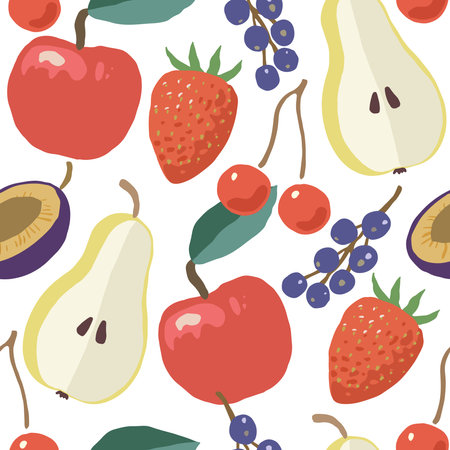 Seamless pattern with red ripe juicy garden fruits, apples, cherries and pears. Hand drawn vector illustration.のイラスト素材