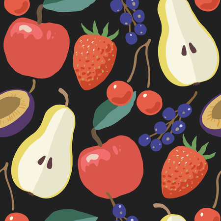 Seamless pattern with red ripe juicy garden fruits, apples, cherries and pears. Hand drawn vector illustration.のイラスト素材