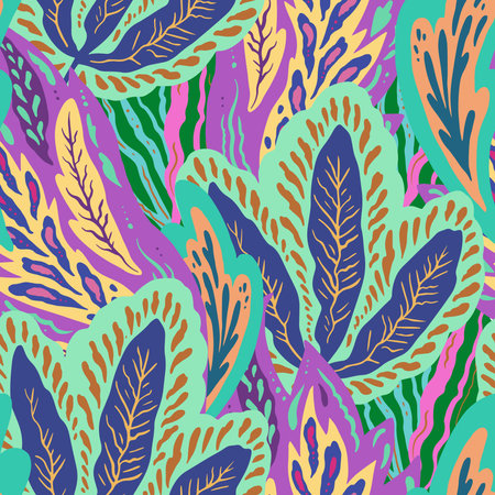 Colorful hand drawn ornamental psychedelic pattern. Funky texture with colorful abstract organic shapes.のイラスト素材