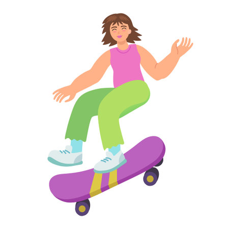Happy smiling girl teenager riding skateboard. Cartoon vector character isolated on white backgroundのイラスト素材