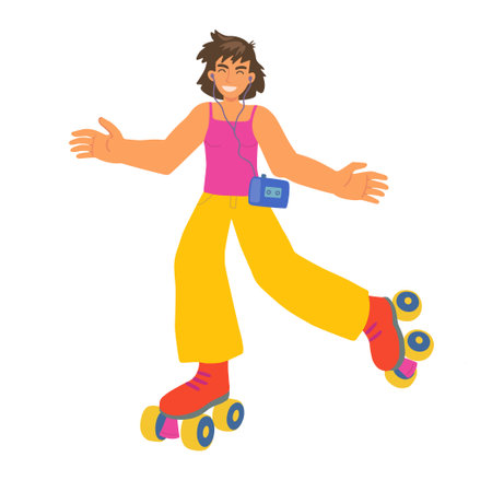 Happy smiling girl teenager riding rollers. Cartoon vector character isolated on white backgroundのイラスト素材