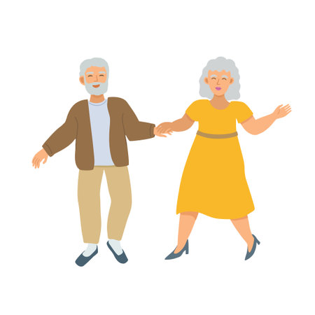 Senior couple dancing. Happy old men and women in yellow dress. Elderly people romantic concept, couple holding hands while dancing. Old man and woman love, cartoon illustration.のイラスト素材
