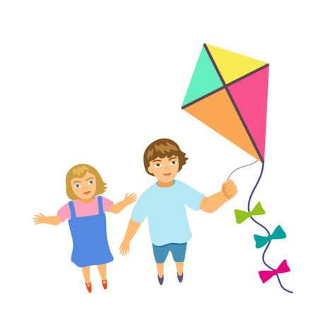 Kids flying a kite. Happy boy and girl playing together. Children with kite toy isolated on white background. Vector clip art illustrationのイラスト素材