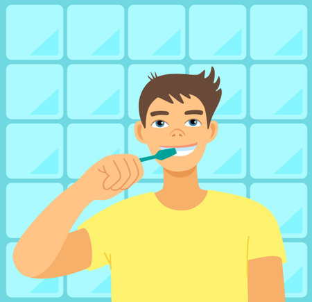Young adult man in yellow t-shirt brushing his teeth in bathroom. Teenager doing daily hygiene routine. Happy smiling boy. Cartoon vector colorful illustration.のイラスト素材