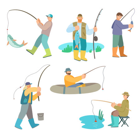Cartoon fisherman. Man in boat holding rod. Fisher catching fish, set of clip art vector characters.のイラスト素材