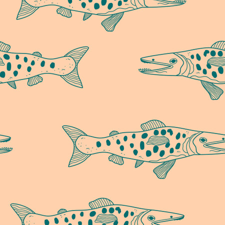 Seamless pattern with funny doodle smiling fish. Hand drawn lineart. Vector illustration.のイラスト素材