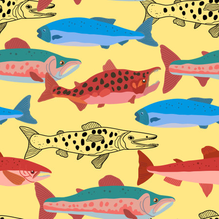 Seamless pattern with doodle salmon fish in modern original trendy style. Colorful vivid print for design and fabric. Vector hand drawn illustration.のイラスト素材